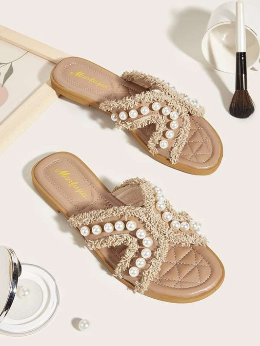 Women Faux Pearl Decor Fringe Trim Flat Sandals, Fashion Outdoor Slide Sandals