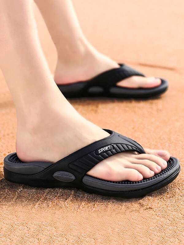 Cool Black Flip Flops For Men, Letter Graphic Toe Post Design Slippers