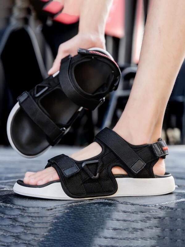 Men Hook-and-loop Fastener Sport Sandals, Sporty Summer Black Fabric Sandals