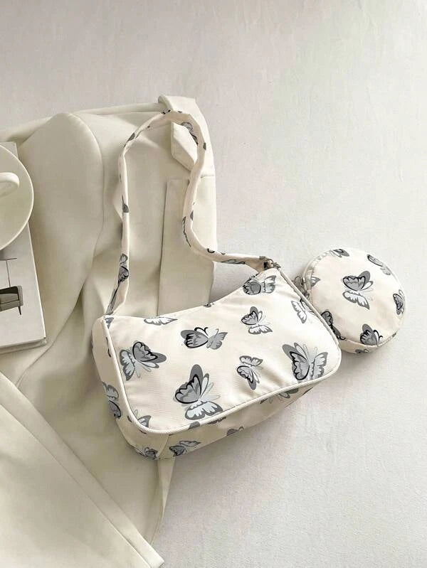 Butterfly Pattern Hobo Bag Beige Fashionable Top Handle With Coin Purse