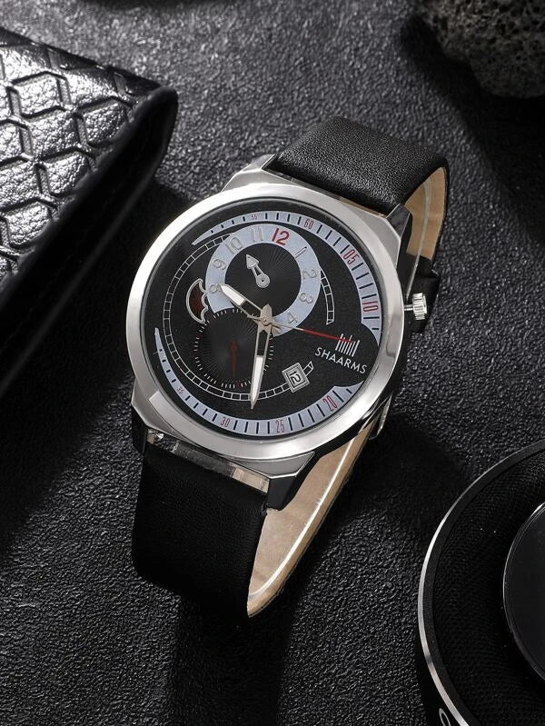 1pc Men Minimalist Round Pointer Date Quartz Watch & 1pc Bracelet