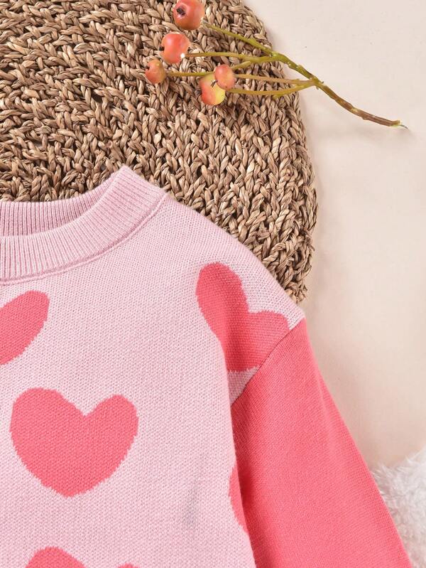 Young Girl Heart Pattern Drop Shoulder Sweater