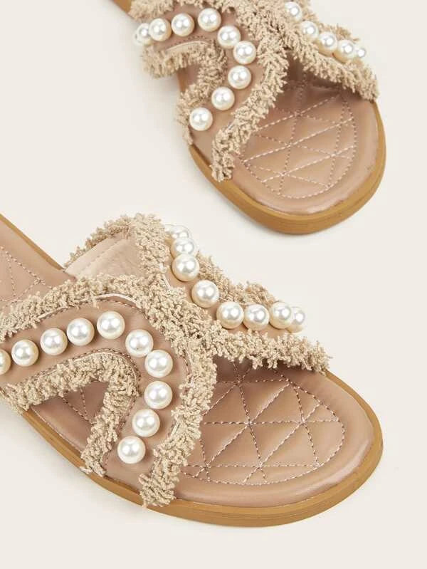 Women Faux Pearl Decor Fringe Trim Flat Sandals, Fashion Outdoor Slide Sandals