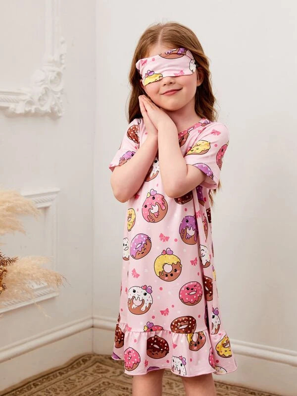 SHEIN Kids QTFun Toddler Girls Donut Print Ruffle Hem Sleep Dress