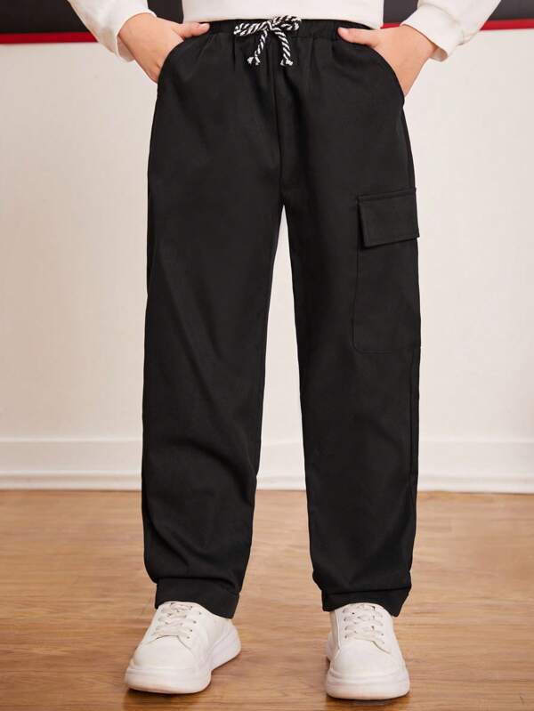 SHEIN Boys Letter Patched Flap Pocket Side Drawstring Waist Cargo Pants