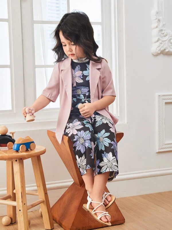 SHEIN Toddler Girls Lapel Neck Blazer & Floral Print Belted Jumpsuit