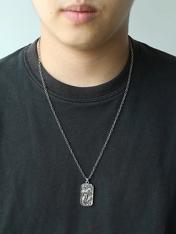 Men Owl Detail Rectangle Charm Necklace