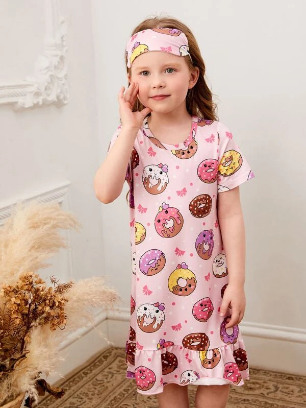 SHEIN Kids QTFun Toddler Girls Donut Print Ruffle Hem Sleep Dress