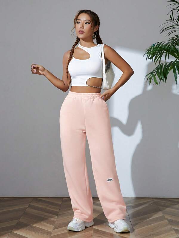 SHEIN EZwear Letter Patched Detail Drawstring Hem Sweatpants