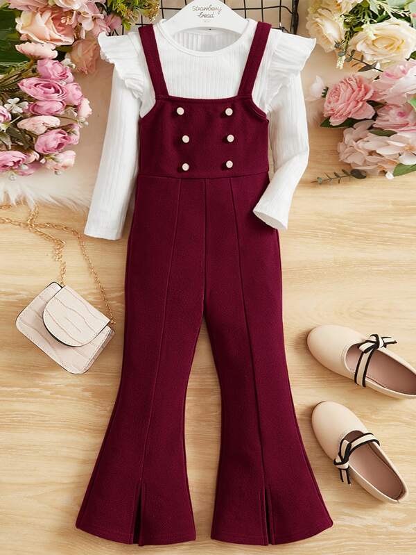 SHEIN Toddler Girls Ruffle Trim Tee & Fake Button Split Hem Overall Jumpsuit