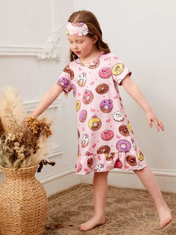 SHEIN Kids QTFun Toddler Girls Donut Print Ruffle Hem Sleep Dress