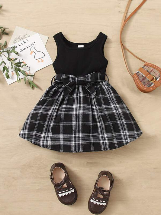 SHEIN Baby Plaid Print Bow Front Dress