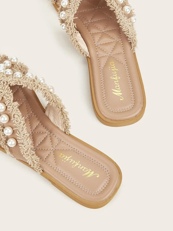 Women Faux Pearl Decor Fringe Trim Flat Sandals, Fashion Outdoor Slide Sandals