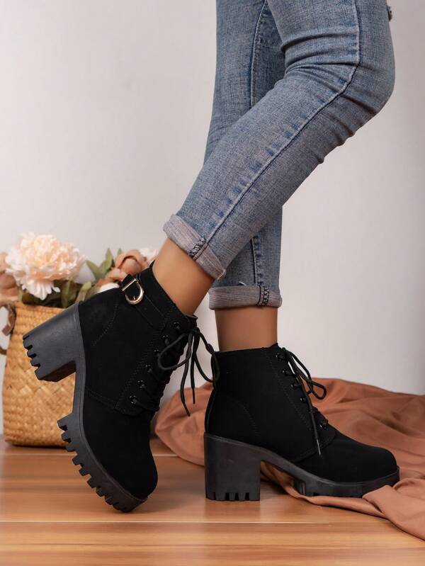 Women's Lace Up Chunky Heel Fashion Ankle Boots With Thick Sole, High Heel And Waterproof Platform