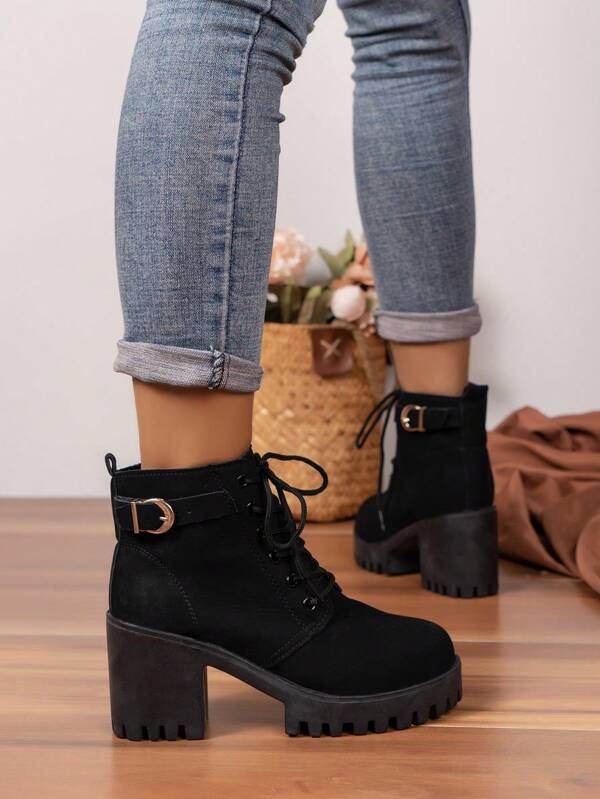 Women's Lace Up Chunky Heel Fashion Ankle Boots With Thick Sole, High Heel And Waterproof Platform