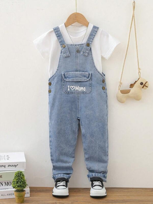 Young Boy Letter Graphic Denim Overalls Without Tee