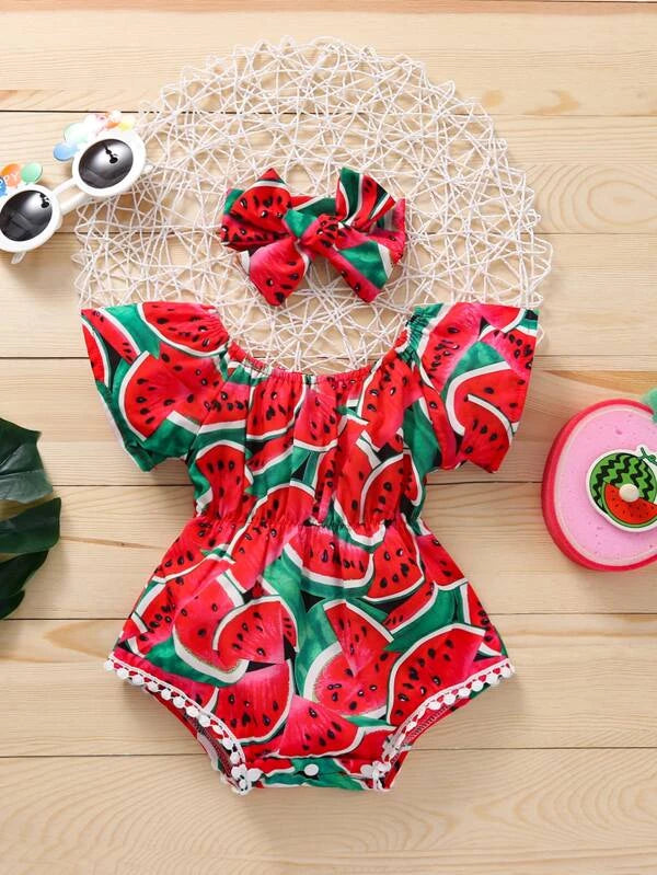 Baby Girl Watermelon Print Bodysuit With Headband