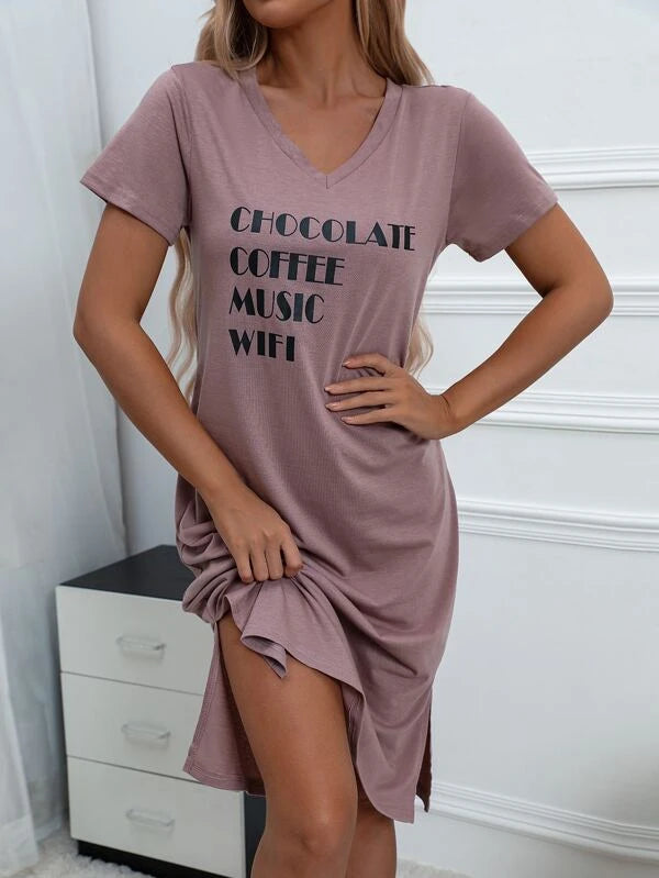 Letter Graphic Split Hem Sleep Dress