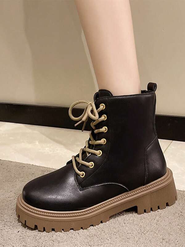 Women's Platform Biker Boots With Lace-up, Autumn Black Short High Ankle Casual Boots