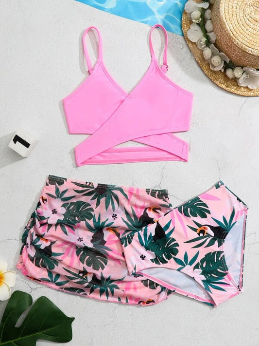 Toddler Girls Tropical Print Wrap Bikini Swimsuit With Beach Skirt