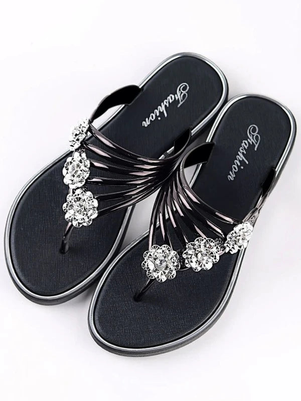 Rhinestone Flat Toe Post Fashion Slippers, Metallic Flower Decor Flip Flops