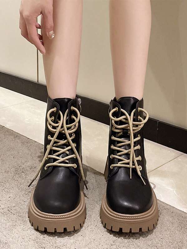 Women's Platform Biker Boots With Lace-up, Autumn Black Short High Ankle Casual Boots