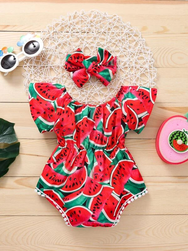 Baby Girl Watermelon Print Bodysuit With Headband