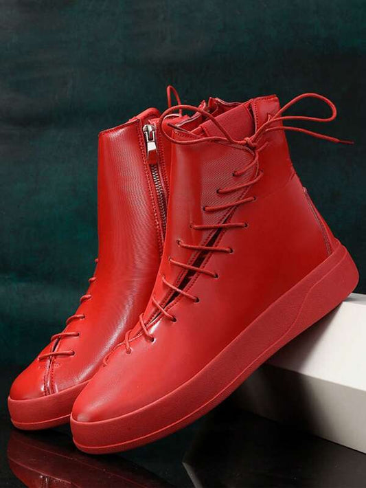Men Lace-up Side Zipper Combat Boots, Fashion Outdoor Ankle Boots