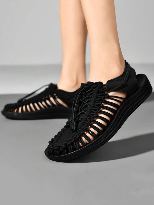 Men Black Plus Size Woven Sandals, Mesh Sandals For Daily