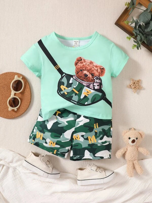 Baby Cartoon And Camo Print Tee & Shorts