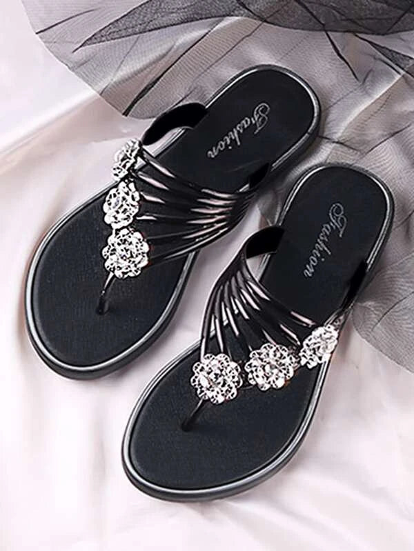 Rhinestone Flat Toe Post Fashion Slippers, Metallic Flower Decor Flip Flops