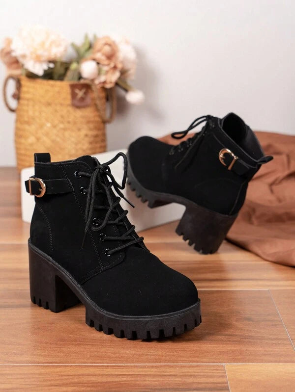 Women's Lace Up Chunky Heel Fashion Ankle Boots With Thick Sole, High Heel And Waterproof Platform