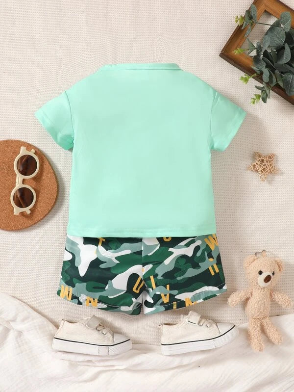 Baby Cartoon And Camo Print Tee & Shorts