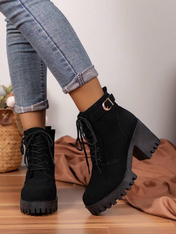 Women's Lace Up Chunky Heel Fashion Ankle Boots With Thick Sole, High Heel And Waterproof Platform