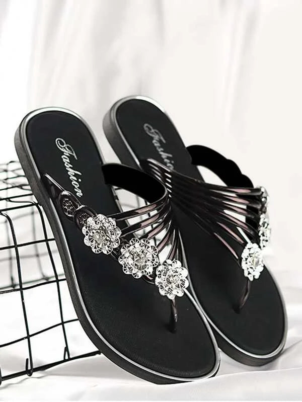 Rhinestone Flat Toe Post Fashion Slippers, Metallic Flower Decor Flip Flops