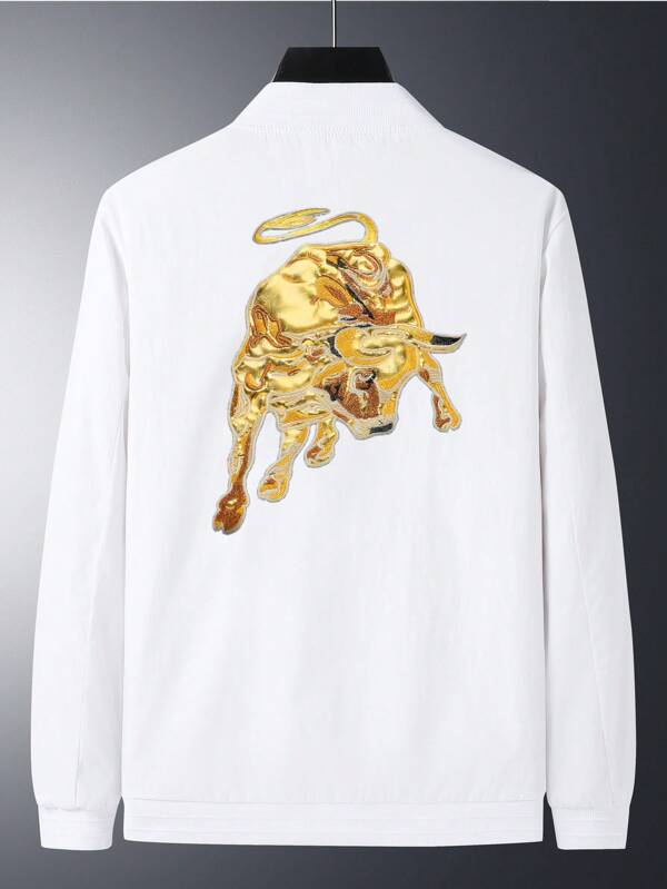 Men Animal Embroidery Zip Up Bomber Jacket Without Tee