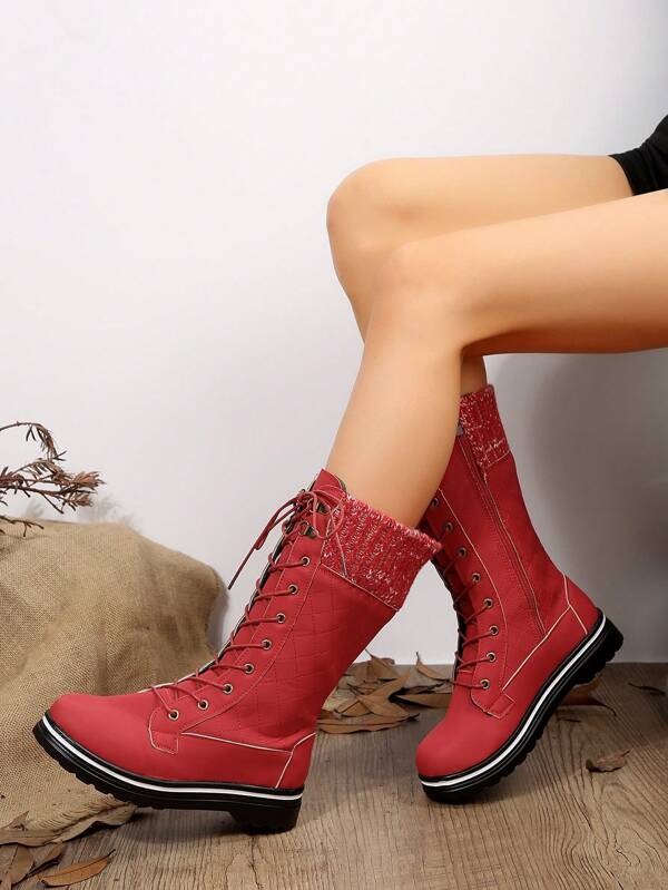 Women's Round Toe Flat Fashionable Mid-calf Pu Leather Casual Boots With Lace-up Design For Autumn And Winter