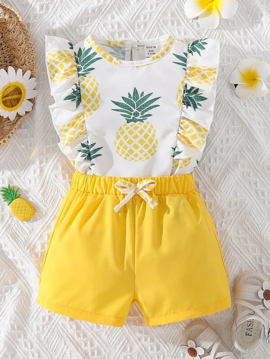 Baby Pineapple Print Ruffle Trim Top & Bow Front Shorts