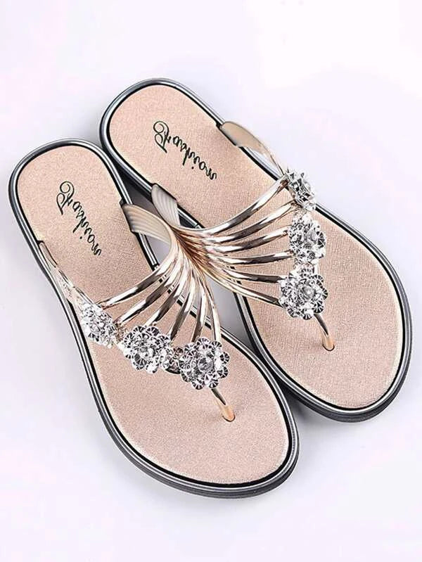 Rhinestone Flat Toe Post Fashion Slippers, Metallic Flower Decor Flip Flops