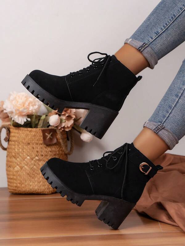 Women's Lace Up Chunky Heel Fashion Ankle Boots With Thick Sole, High Heel And Waterproof Platform