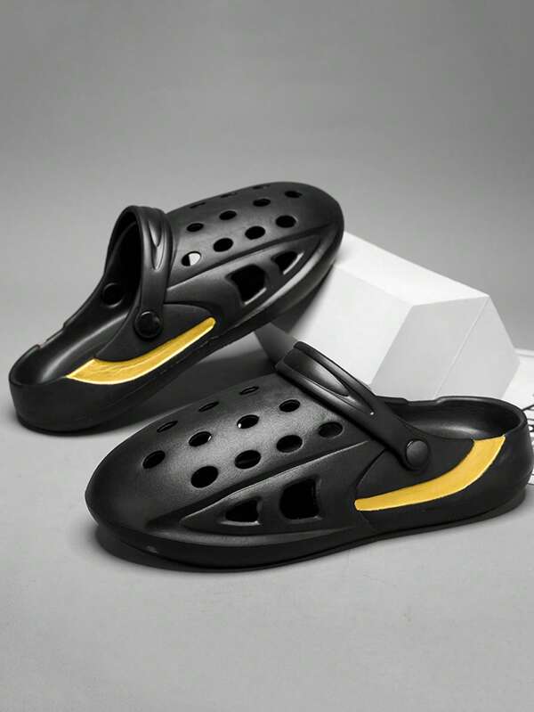 Men Hollow Out Clogs, Black Outdoor EVA Vented Clogs