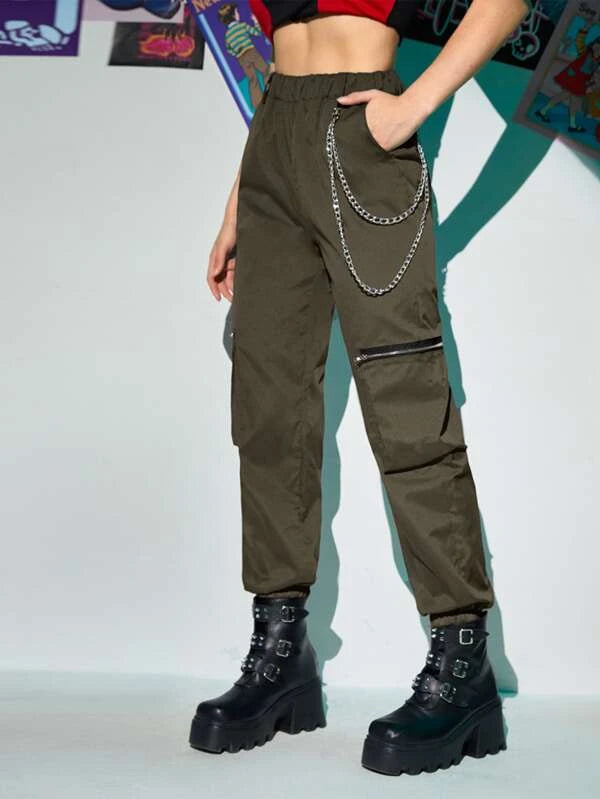 Grunge Punk Zipper Flap Pocket Cargo Pants