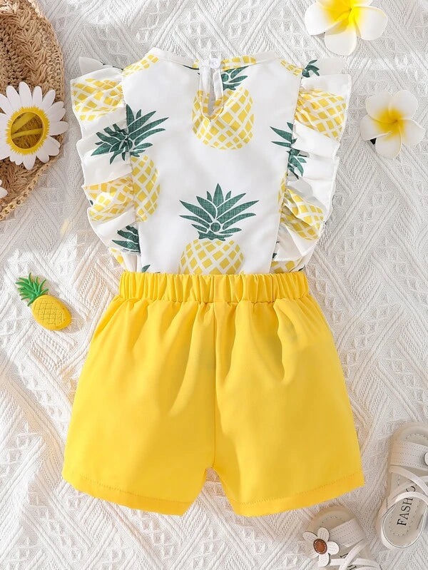 Baby Pineapple Print Ruffle Trim Top & Bow Front Shorts