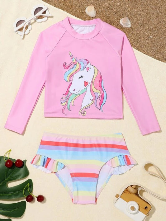 Toddler Girls Unicorn & Striped Print Ruffle Bikini Swimsuit