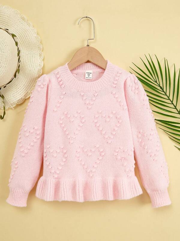 Young Girl Heart Pattern Ruffle Hem Sweater