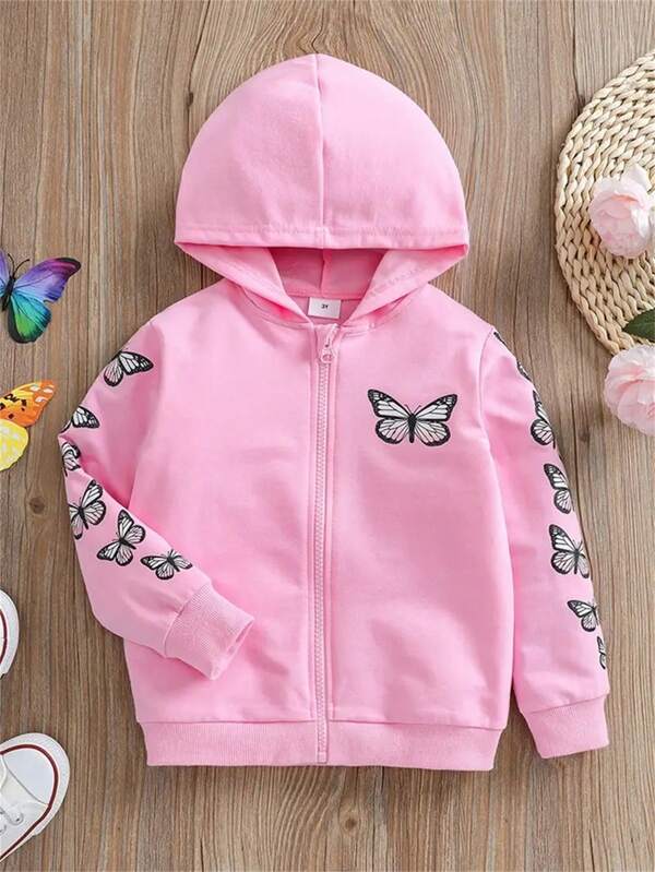 Young Girl Butterfly Print Zip Up Hooded Jacket