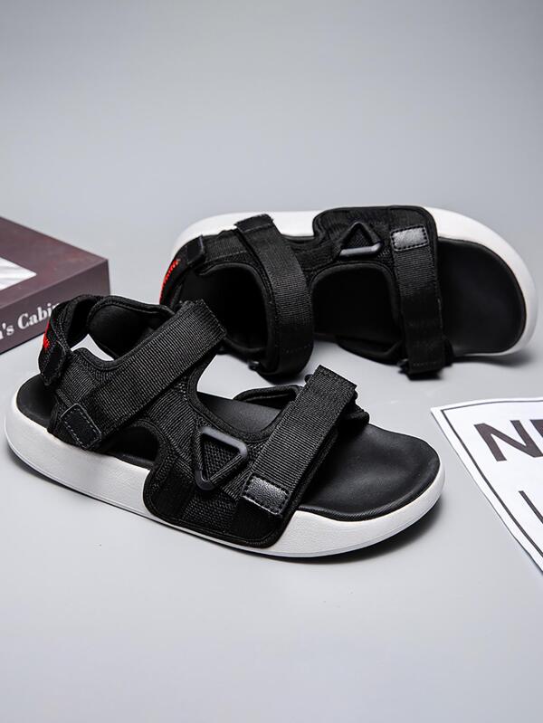 Men Hook-and-loop Fastener Sport Sandals, Sporty Summer Black Fabric Sandals