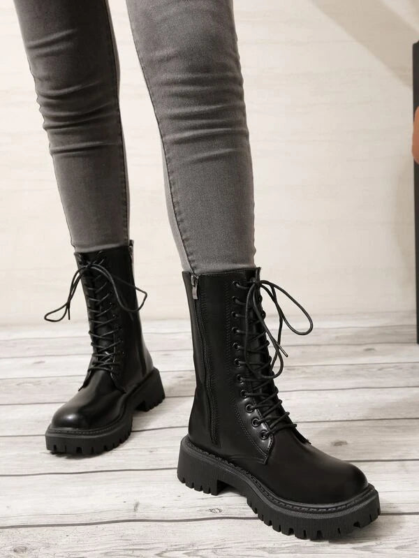 Zip Side Lace-up Front Combat Boots