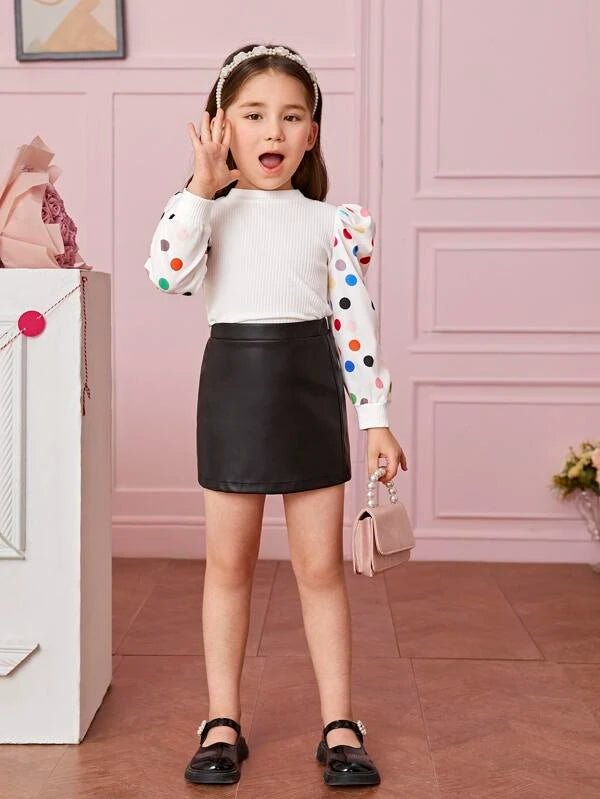 SHEIN Toddler Girls 1pc Polka Dot Puff Sleeve Tee & 1pc PU Leather Skirt