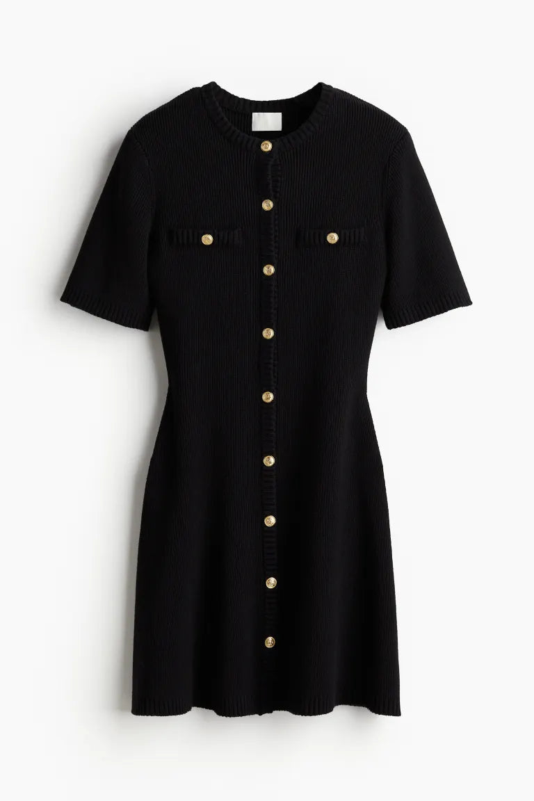 Buttoned Front and Elastic Knit Dress